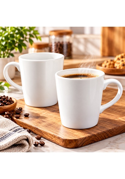 2'li Beyaz Porselen Kupa Seti Geniş Ağızlı Modern Kulplu Çay Ve Kahve Kupası