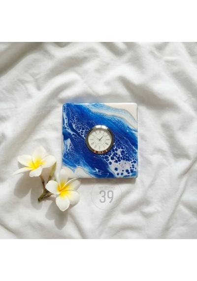 15x15 Cm El Yapımı Geode Masa Saati Gümüş Quartz Masaüstü Saat 5 Cm Kalınlık Beyaz - Mavi