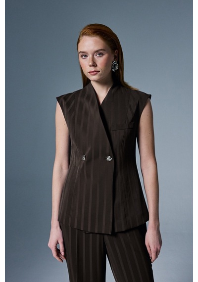 Sateen Anna Çizgili Yelek - Kahve-137068 Kahve