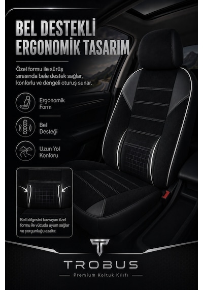 Nova Serisi Tay Tüyü Bel Destekli Siyah Beyaz Premium Üniversal Koltuk Kılıfı Tam Set