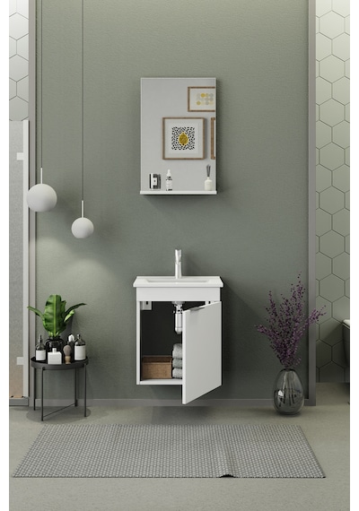 Biani Fix Arya Slım 50 Cm Banyo Dolabı,Seramik Lavabolu, Aynalı,Lavabo Dahil,Mdf,Mat Beyaz
