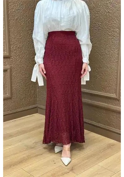 Neşeli Butik Kadın Bordo Dantel Kumaş Maxi Boy Tesettür Etek