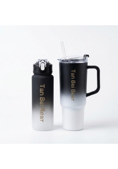 2 Li Matara Ve Pipetli Mug Bardak Seti 900 Ml Spor Suluk + 1500 Ml Pipetli Termal Mug Bardak, Günlük Kullanım İçin İçecek Seti Siyah Çok Renkli