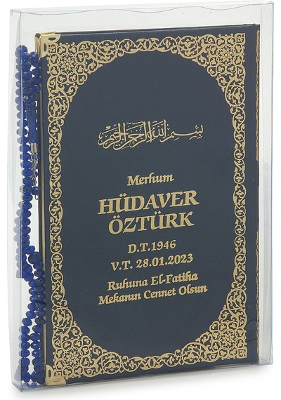50 Adet İsim Baskılı Kutulu Tesbihli Orta Boy Deri Ciltli Yasin Kitabı Mevlüt Hediyesi Lacivert