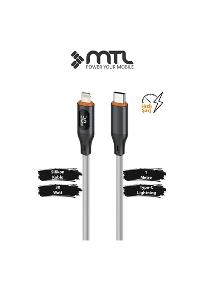 30w Lcd Ekranlı Type-c To Lightning Silikon Hızlı Şarj Ve Data Kablosu 1 Metre Mt2213