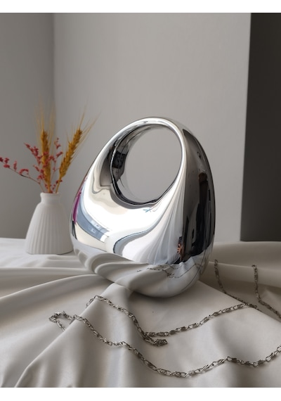 Vivazzaluxe Modern Tasarım Oval Tutmalı Küçük Boy Kadın Abiye El, Omuz Çanta Gümüş