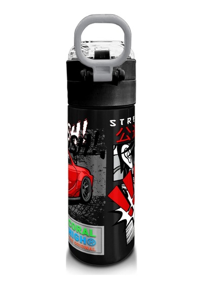Coral High Kids Siyah Kırmızı Anime Araba Desenli Pipetli Ve Direkt İçim Çelik Termos 500 Ml 31948 Kırmızı - Mavi - Siyah