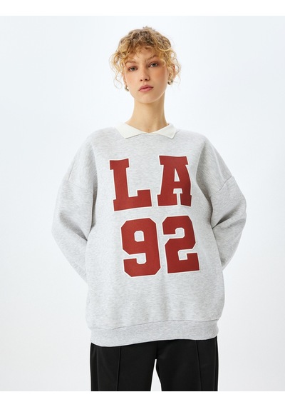Koton Oversize Kolej Baskılı Polo Yaka Sweatshirt Kar Melanj 5sal10518ık Gri Melanj