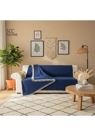 Premium Keten Lacivert Ponponlu Koltuk Örtüsü 170 X 220