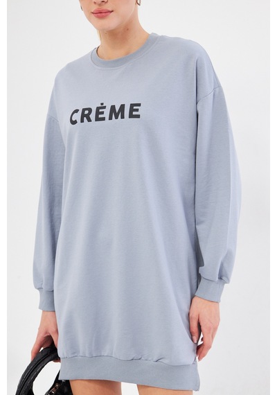 Armonika Kadın Gri Bisiklet Yaka Önü Yazılı Tunik Sweatshirt Arm-25k001029
