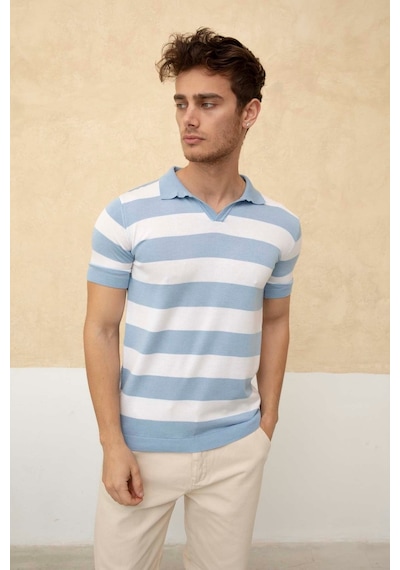 Tarz Cool Renk Bloklu Polo Yaka Triko T-shirt Mavi
