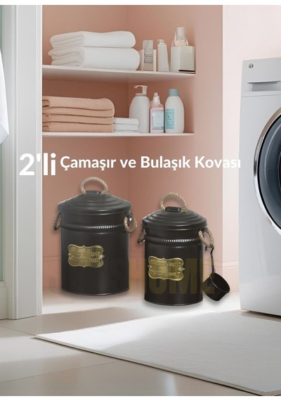 2'li Set Deterjan Kovası Çamaşır Bulaşık Kutusu Ölçekli Galvaniz Metal Siyah Siyah