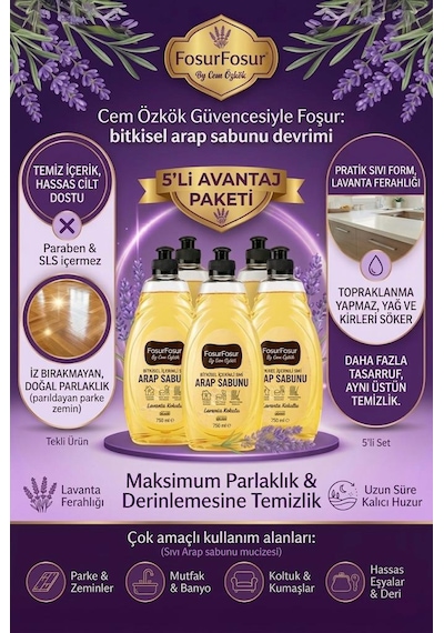 Foşurfoşur By Cem Özkök Lavanta Kokulu Bitkisel Sıvı Arap Sabunu 5 x 750 ML