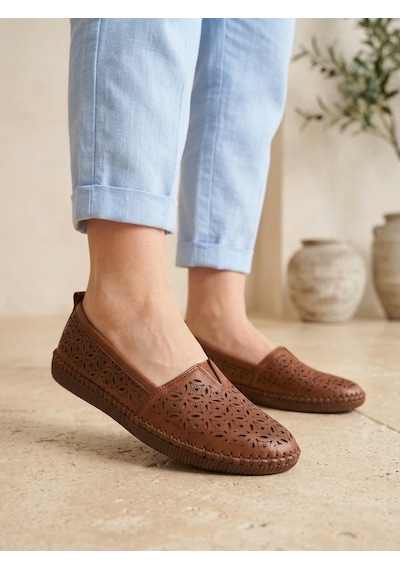 Beren Hakiki Deri Taba Kadın Babet Ortopedik Taban Lazer Delikli Slip-on Comfort Ayakkabı