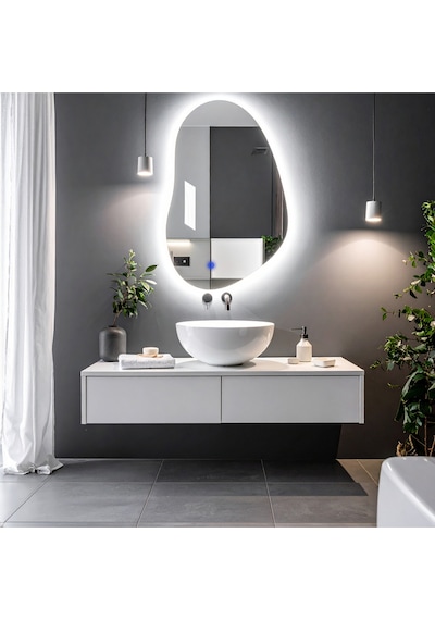 Nelyos Beyaz Led'li Lazer Kumlamalı Lavabo & Banyo Aynası Dokunmatik Sensörlü 100 X 65 Cm