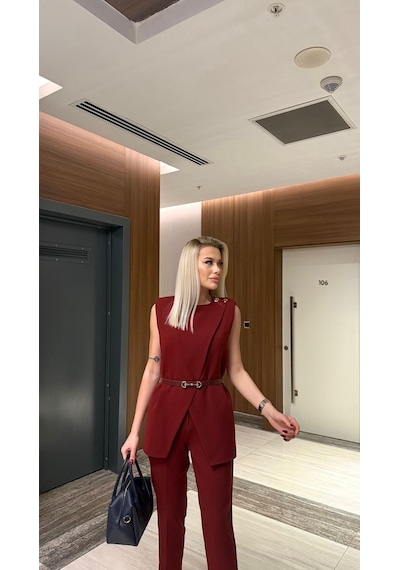 Modadua Bordo Kemerli Yelek & Pantolon Takım Ofis Ve Davet Şıklığı