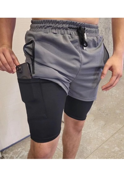 İç Cepli Sporcu Alt Taytlı Şort - Gri 001
