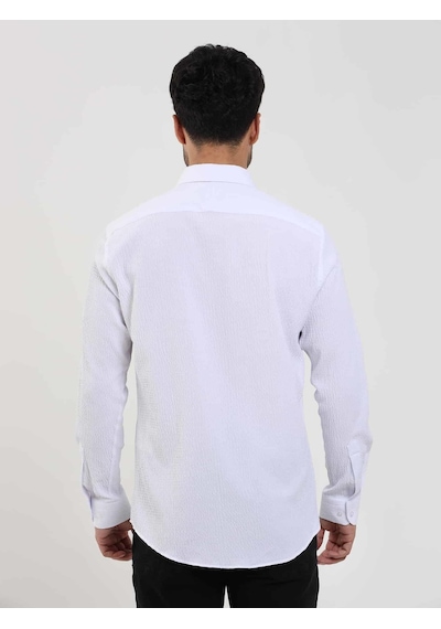 Dufy Beyaz Erkek Slim Fit Gofre Desenli Brent Yaka Uzun Kol Gömlek - 104795-beyaz Beyaz