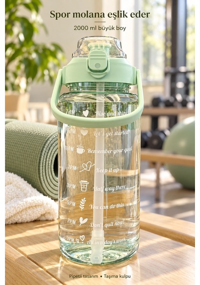 Madamev 3lü Motivasyonel Suluk Matara Seti 2000+750+280ml Pipetli Sticker Askılı Spor Okul Su Şişesi Çok Renkli