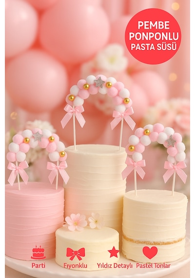 Pembe Ponponlu Pasta Süsü Yumuşak Keçe Fiyonklu 3d Dekor Seti Doğum Günü Süsleri