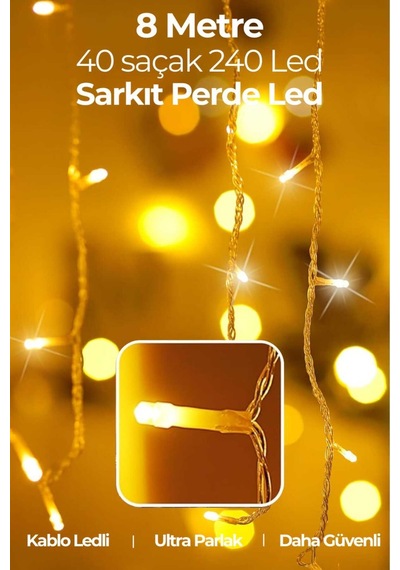 8 Metre 192 Ledli Perde Led Saçaklı Kablolu Usbli Kumandalı Yılbaşı Parti Organizasyon