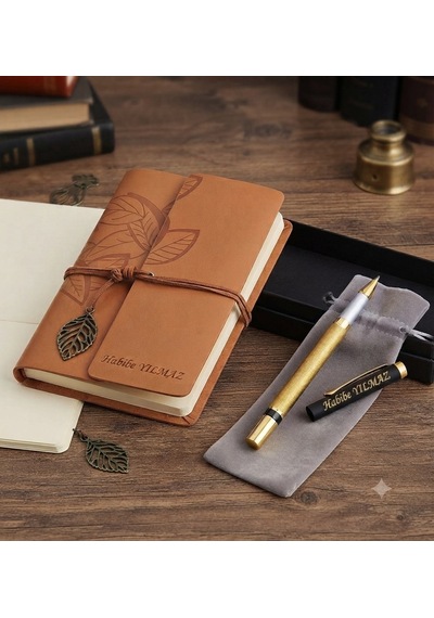 Vintage Tasarım Deri Defter Ve Özel İsim Yazılı Metal Kalem Seti