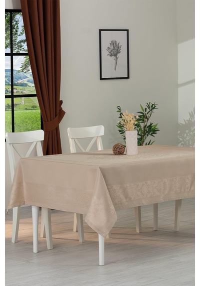 Tropik Home Jumbo Jakar Pano Desen Leke Tutmaz Jakarlı 150x220 Cm Lüks 8 Kişilik Masa Örtüsü Bej Genel