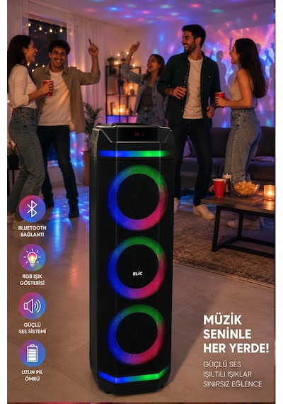 Exenar - Siyah - Blic Bls58 Büyük Boy Bluetooth Hoparlör 40w 3x8" Rgb Led Kablosuz Mikrofonlu Karaoke Hoparlörü