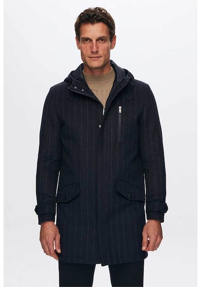 D's Damat Ds Damat Regular Fit Lacivert Çizgili Yünlü Kapüşonlu Kaşe Kaban 1HF08ORT10006 Lacivert