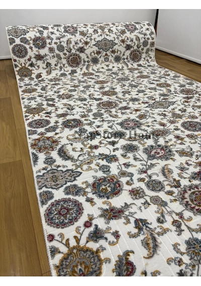 Otantik Çiçekli Desen Saçaklı Mavi Krem Kaymaz Taban Yıkanabilir Kesme Yolluk Halı Çok Renkli