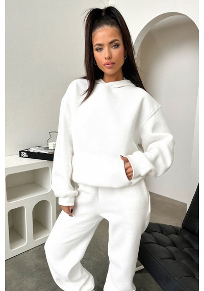 Basic Düz Eşofman Takımı Sweatshirt Jogger - Beyaz Oversize Şardonlu Kapüşonlu Beyaz