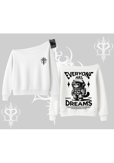 Startmore Everyone Has Dreams Yazılı Astronot Kedi Arka Baskılı Kayık Yaka Sweatshirt Beyaz