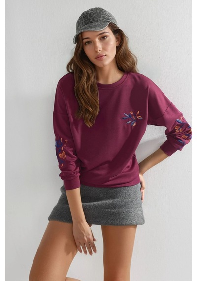Hiccup Modal Dokulu İşlemeli Bisiklet Yaka Sweatshirt Berşan Collection Bordo Kırmızı