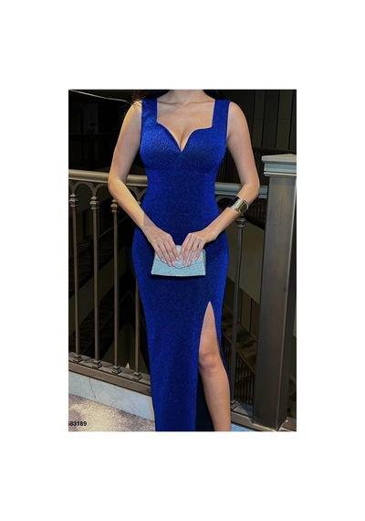 Lior Design Kadın Günlük Yırtmaçlı Maxi Askılı Abiye Elbise Saks