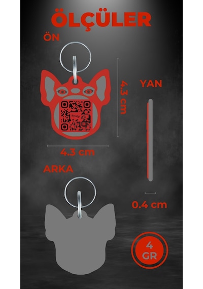 Petjoo 7.Hook Gri-Kırmızı Qr'lı Köpek Künyesi