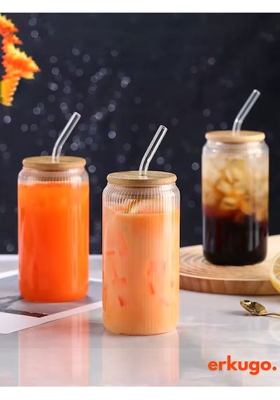 Bambu Kapaklı Pipetli Borosilikat Sunum Bardağı, Kahve Bardağı, Isı Dayanıklı Bardak 500 Ml Coollime2