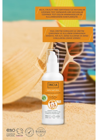 INCIA %100 Doğal Organik Tamanu Yağlı Güneş Losyonu Mineral Filtreli Tüm Aile İçin SPF 50+ 100 ML
