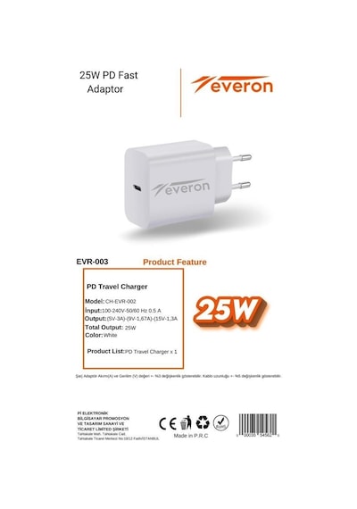 Samsung Galaxy S20 Fe İle Uyumlu 25w Qc 3.4a Type C Şarj Adaptörü Evr-003 Beyaz