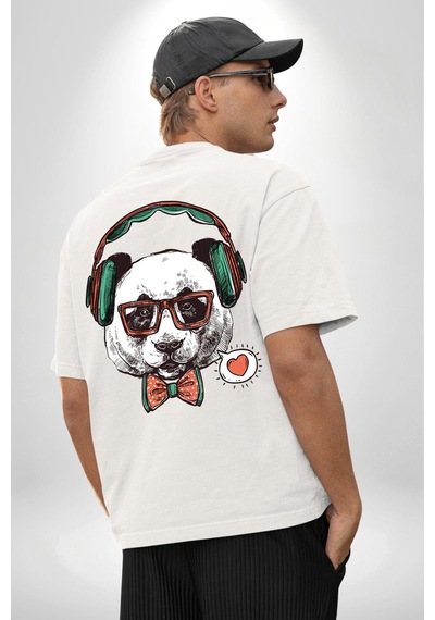 Kulaklıklı Hipster Portre Panda Beyaz Oversize Unisex Ön Ve Sırt Baskılı Tişört Beyaz