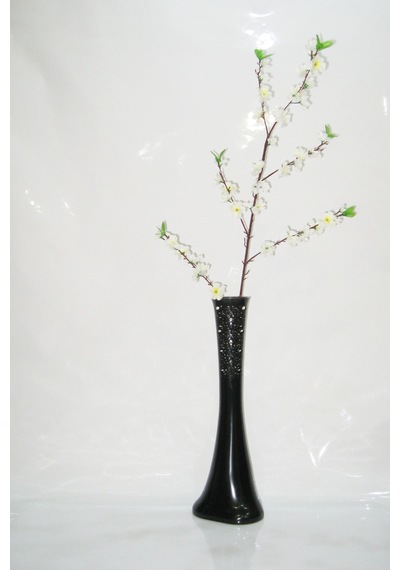 60 Cm Desenli Siyah Vazo Beyaz Bahar Dalı