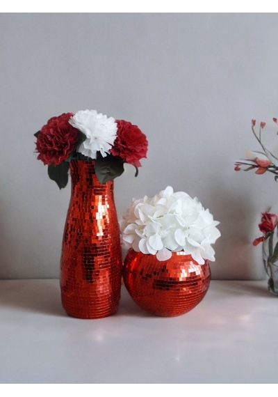 Işıltı Home Desing Aynalı Cam Vazo 2 Li Set Kırmızı Kırmızı