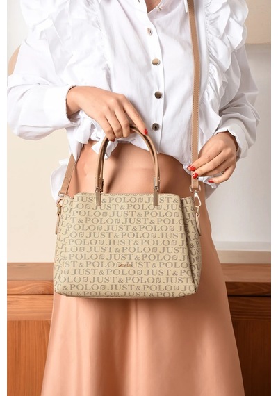 Just Polo Kadın Monogram Baskılı Orijinal El Ve Omuz Çantası Ayarlanabilir Askısıyla 2120mh Bej