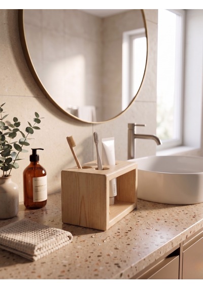 Nestwoodtr Ham Doğal Ahşap Minimal Banyo Düzenleyici, Diş Fırçalık - Macunluk, Diş Fırçası Standı Ham Ahşap