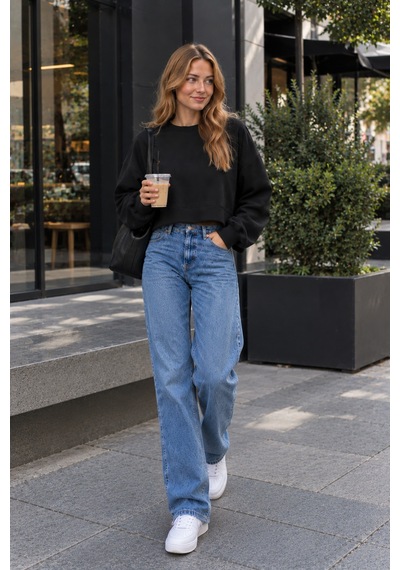 Luxıc Core Kadın Crop Bisiklet Yaka Sweatshirt Pamuklu Yumuşak Dokulu Günlük Spor Sweatshirt Siyah