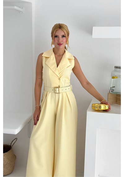 Neşeli Butik Kadın Gömlek Yaka Düğme Detaylı Maxi Tulum Nbk061 Sarı