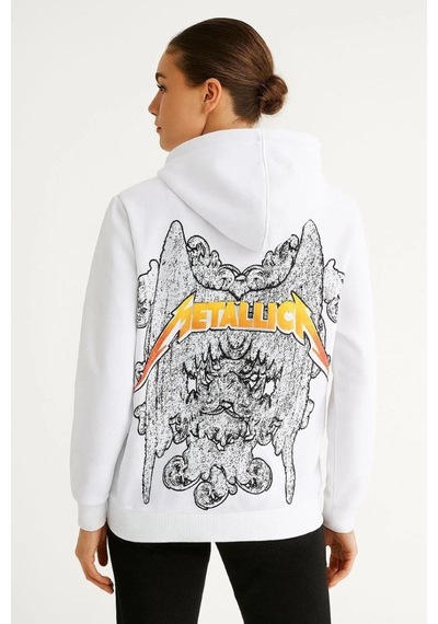 Velmora Fashion Metallica İki İplik Kapüşonlu Ön Ve Arka Baskılı Hoodie - Beyaz