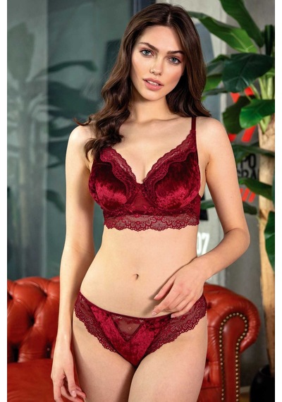 MAN4805-1011 Anıl İç Giyim Kadın Kadife Balenli Destekli Dolgulu Dantelli Büstiyer Sütyen ve Slip Takım (4805) Çok Renkli