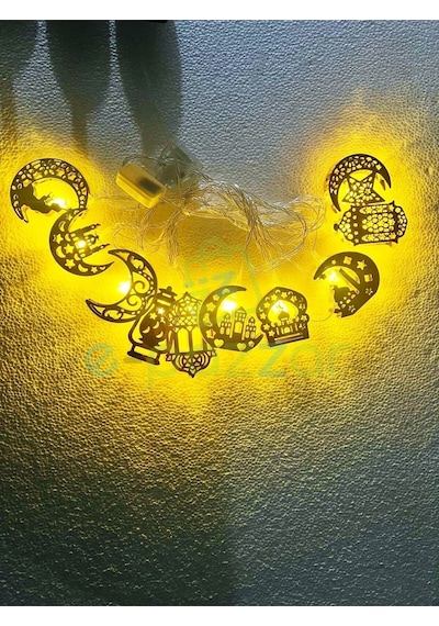 Ramazan Konsept Süsleme Pilli Led Işık 10lu Gold Metal Kandil Ay Yıldız Minare Karışık Işık Zinciri Gold