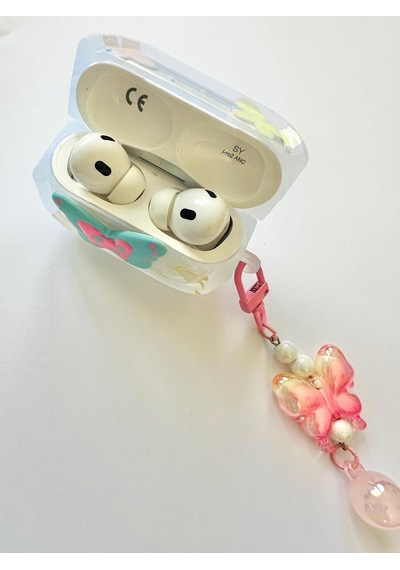 Kulaklık Kılıfı Apple AirPods Pro 1-2 Uyumlu Şeffaf - 3d Kabartmalı Butterfly Figürlü, Hologram Askı Zincirli Darbeye Dayanıklı Kılıf