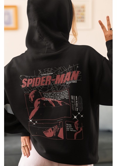 Sevbano Spider-man Film Kahramanı Örümcek Adam Sırt Baskılı Unisex Oversi Siyah